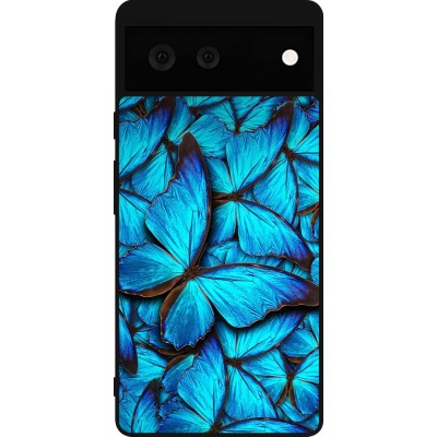 Coque Google Pixel 6 - Silicone rigide noir Papillon bleu