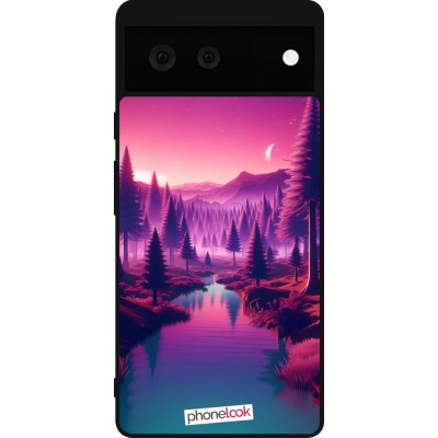 Coque Google Pixel 6 - Silicone rigide noir Paysage Violet-Rose