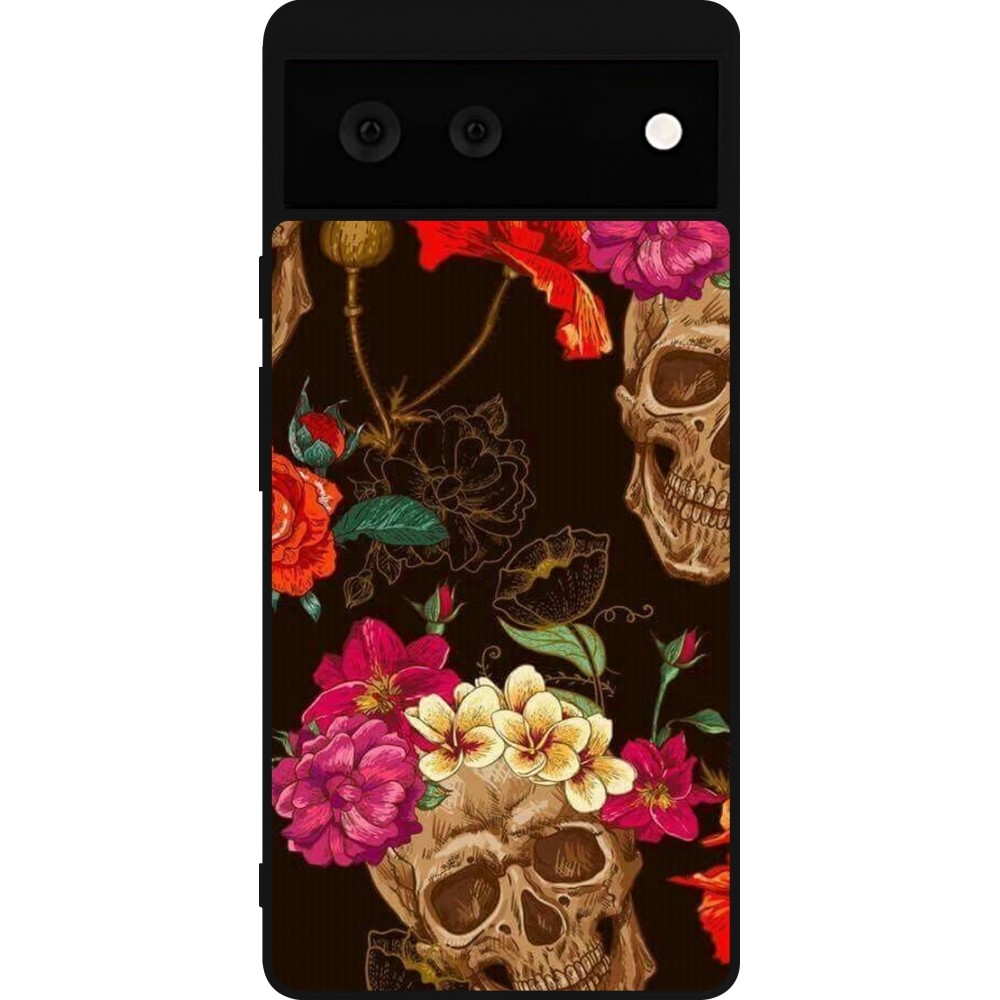 Coque Google Pixel 6 - Silicone rigide noir Skulls and flowers