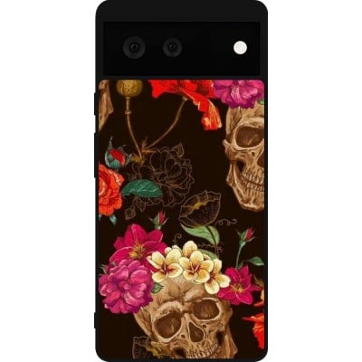 Coque Google Pixel 6 - Silicone rigide noir Skulls and flowers