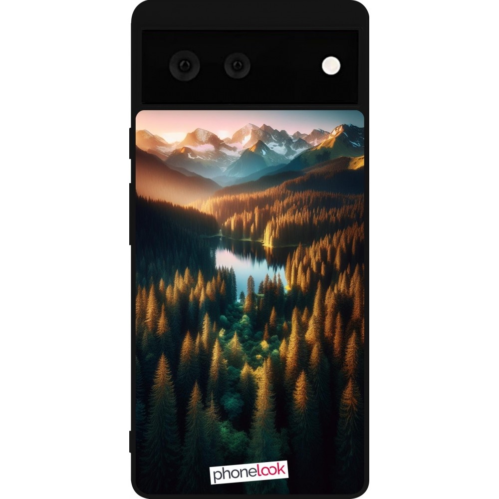 Coque Google Pixel 6 - Silicone rigide noir Sunset Forest Lake