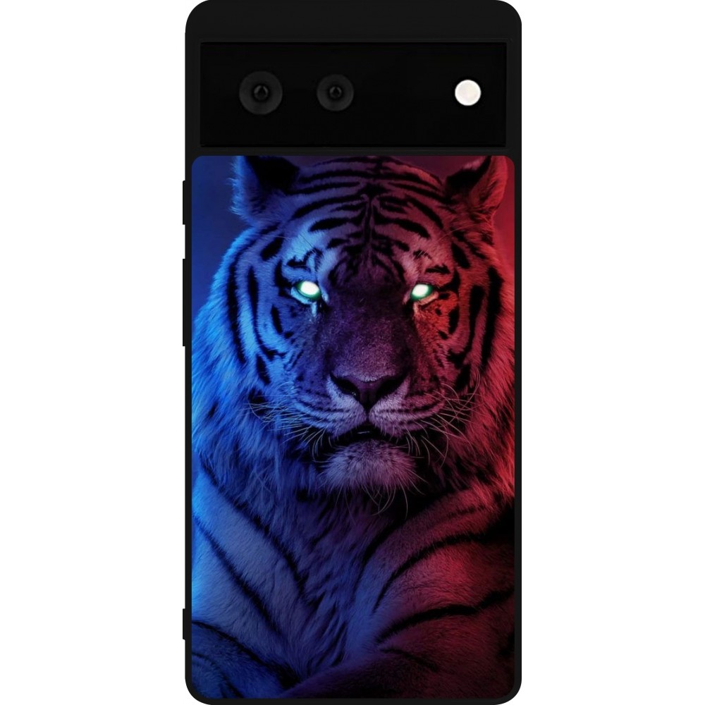 Coque Google Pixel 6 - Silicone rigide noir Tiger Blue Red