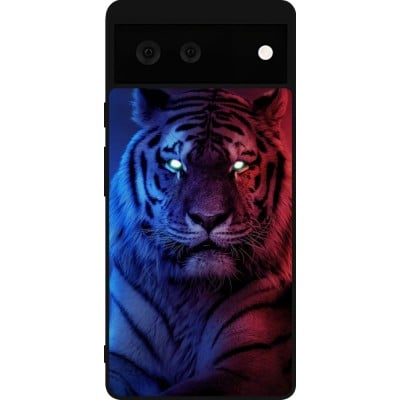 Coque Google Pixel 6 - Silicone rigide noir Tiger Blue Red