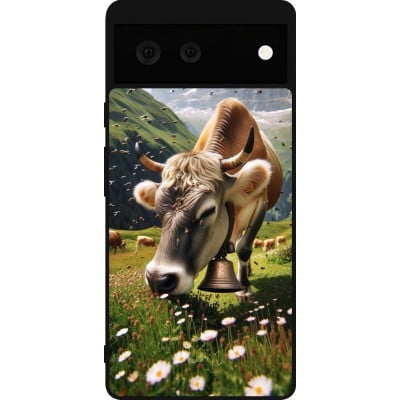 Coque Google Pixel 6 - Silicone rigide noir Vache montagne Valais