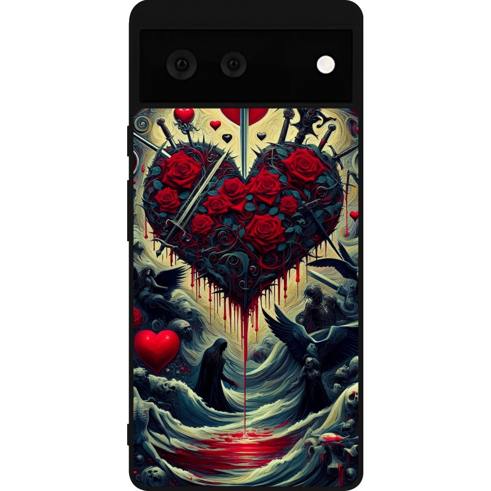 Coque Google Pixel 6 - Silicone rigide noir Dark Love Coeur Sang