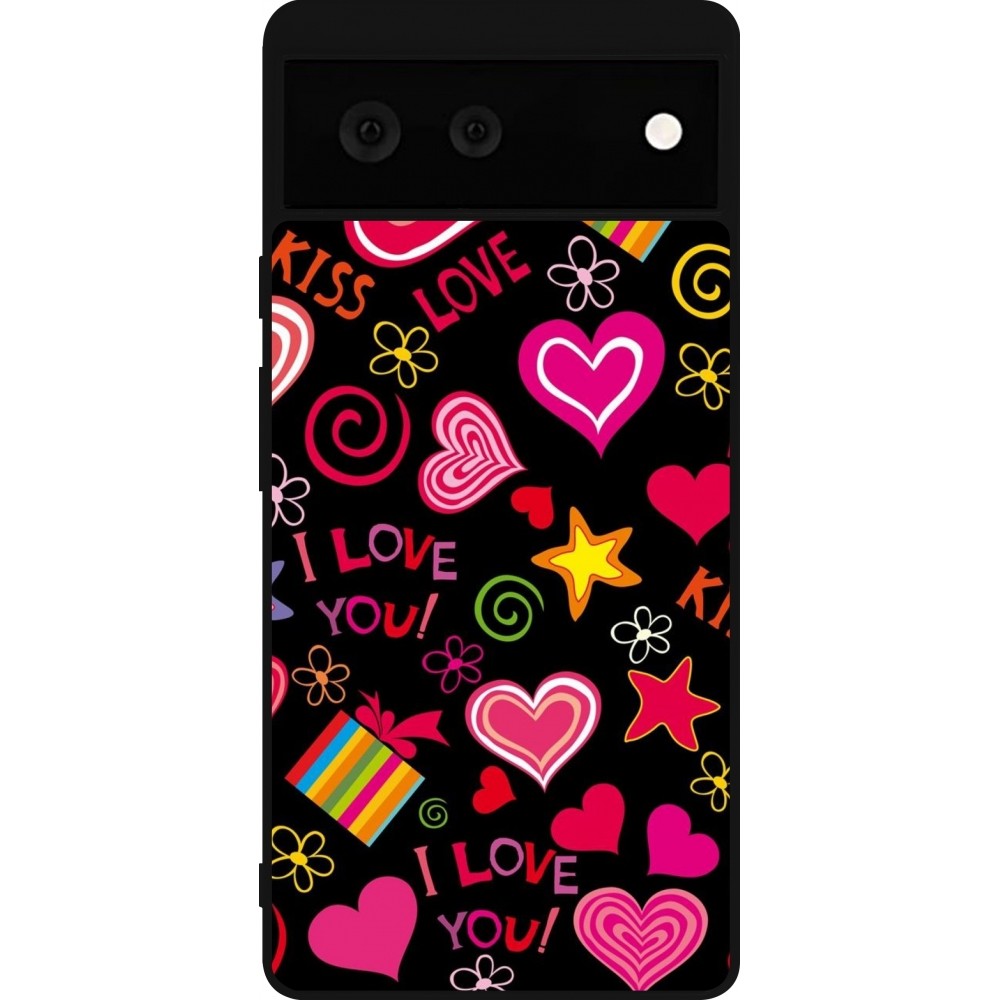 Coque Google Pixel 6 - Silicone rigide noir Valentine 2023 love symbols