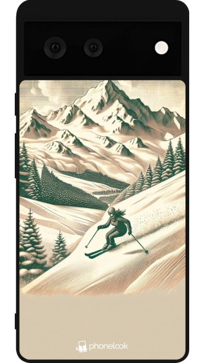 Coque Google Pixel 6 - Silicone rigide noir Vintage Ski Mountain