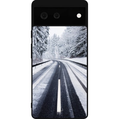 Coque Google Pixel 6 - Silicone rigide noir Winter 22 Snowy Road