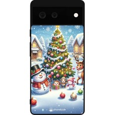 Coque Google Pixel 6 - Silicone rigide noir Noël 2023 bonhomme de neige et sapin