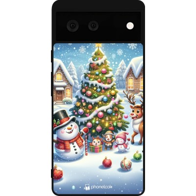 Coque Google Pixel 6 - Silicone rigide noir Noël 2023 bonhomme de neige et sapin