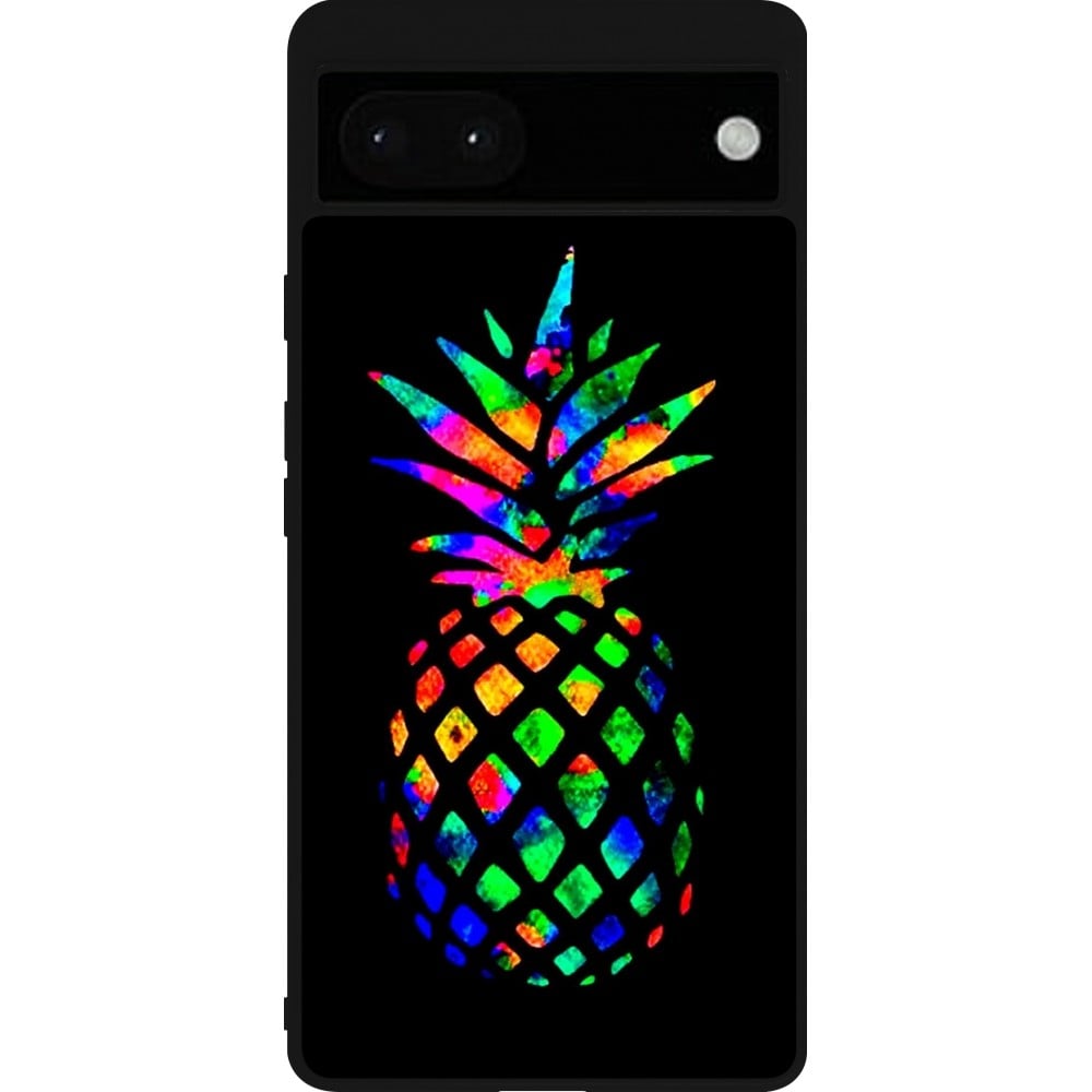 Coque Google Pixel 6a - Silicone rigide noir Ananas Multi-colors