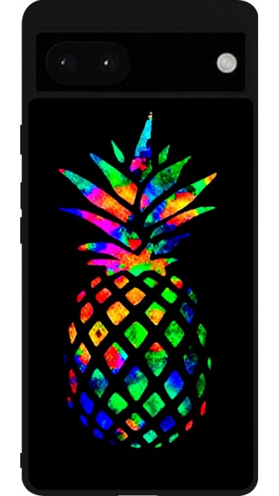 Coque Google Pixel 6a - Silicone rigide noir Ananas Multi-colors