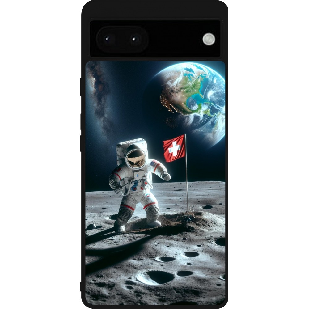 Coque Google Pixel 6a - Silicone rigide noir Astro Suisse sur lune