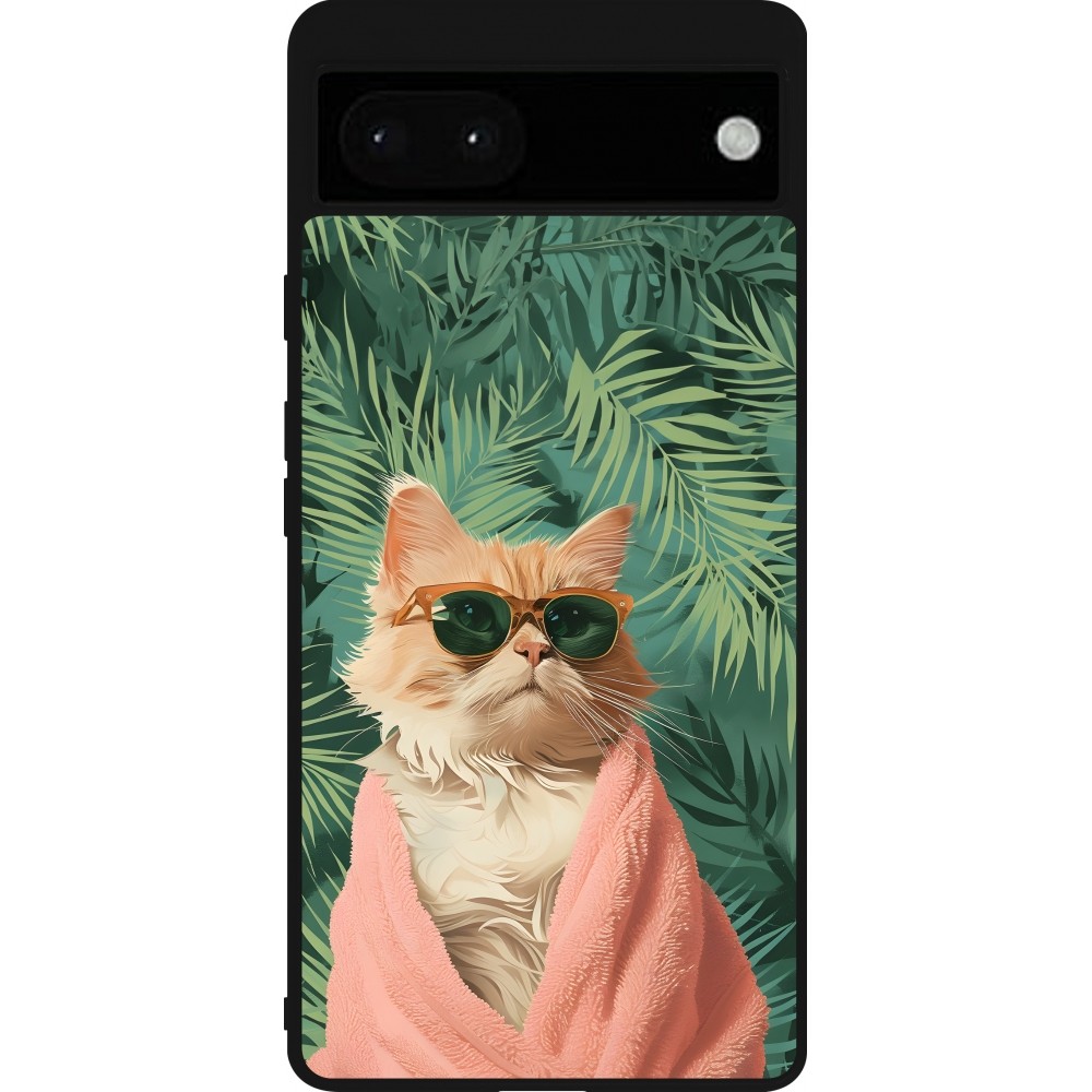 Coque Google Pixel 6a - Silicone rigide noir Cat Summer Palms