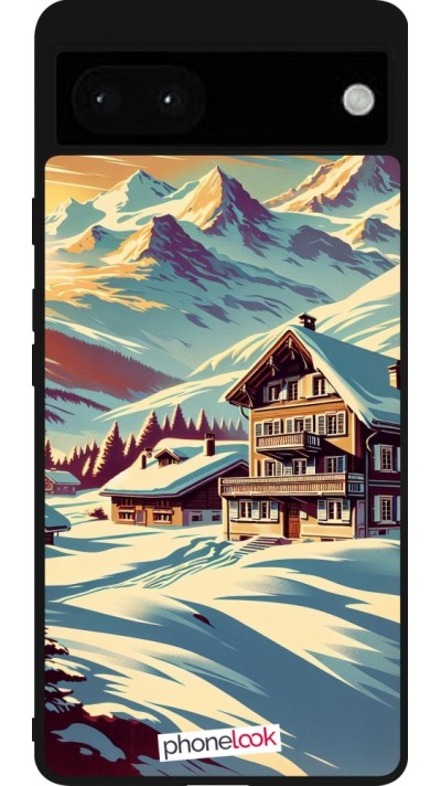 Coque Google Pixel 6a - Silicone rigide noir Chalet montagne enneigée