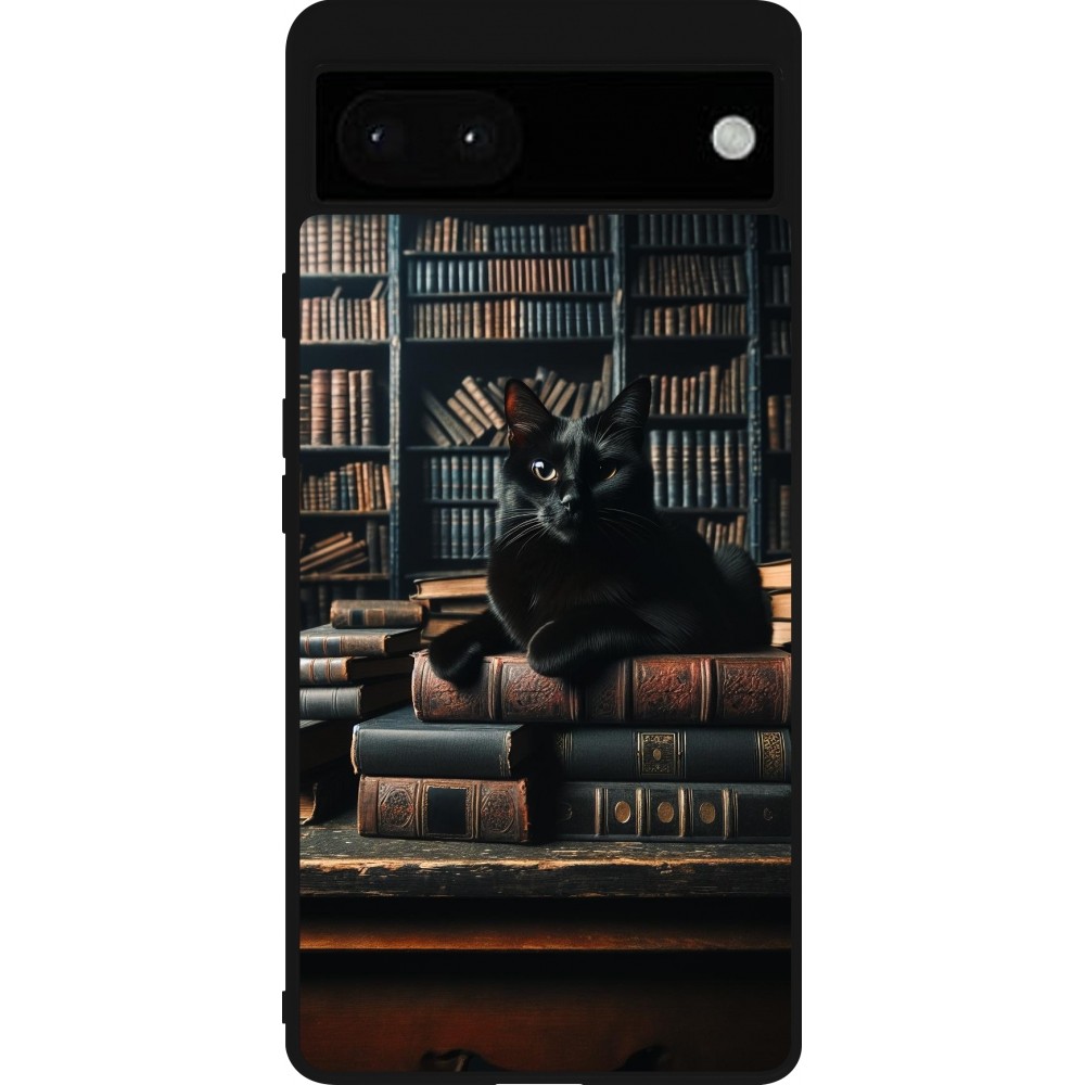 Coque Google Pixel 6a - Silicone rigide noir Chat livres sombres