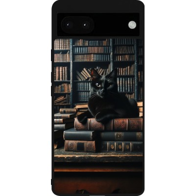 Coque Google Pixel 6a - Silicone rigide noir Chat livres sombres