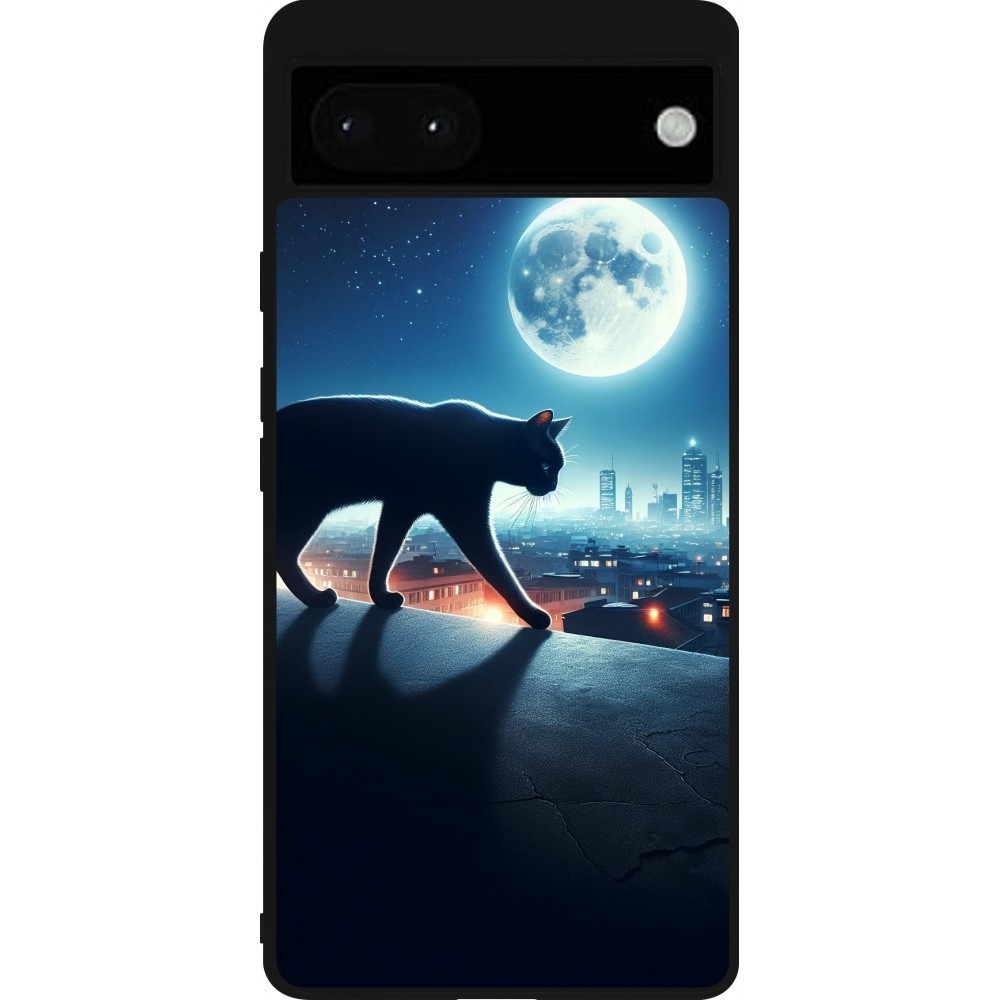 Google Pixel 6a Case Hülle - Silikon schwarz Schwarze Katze unter dem Vollmond