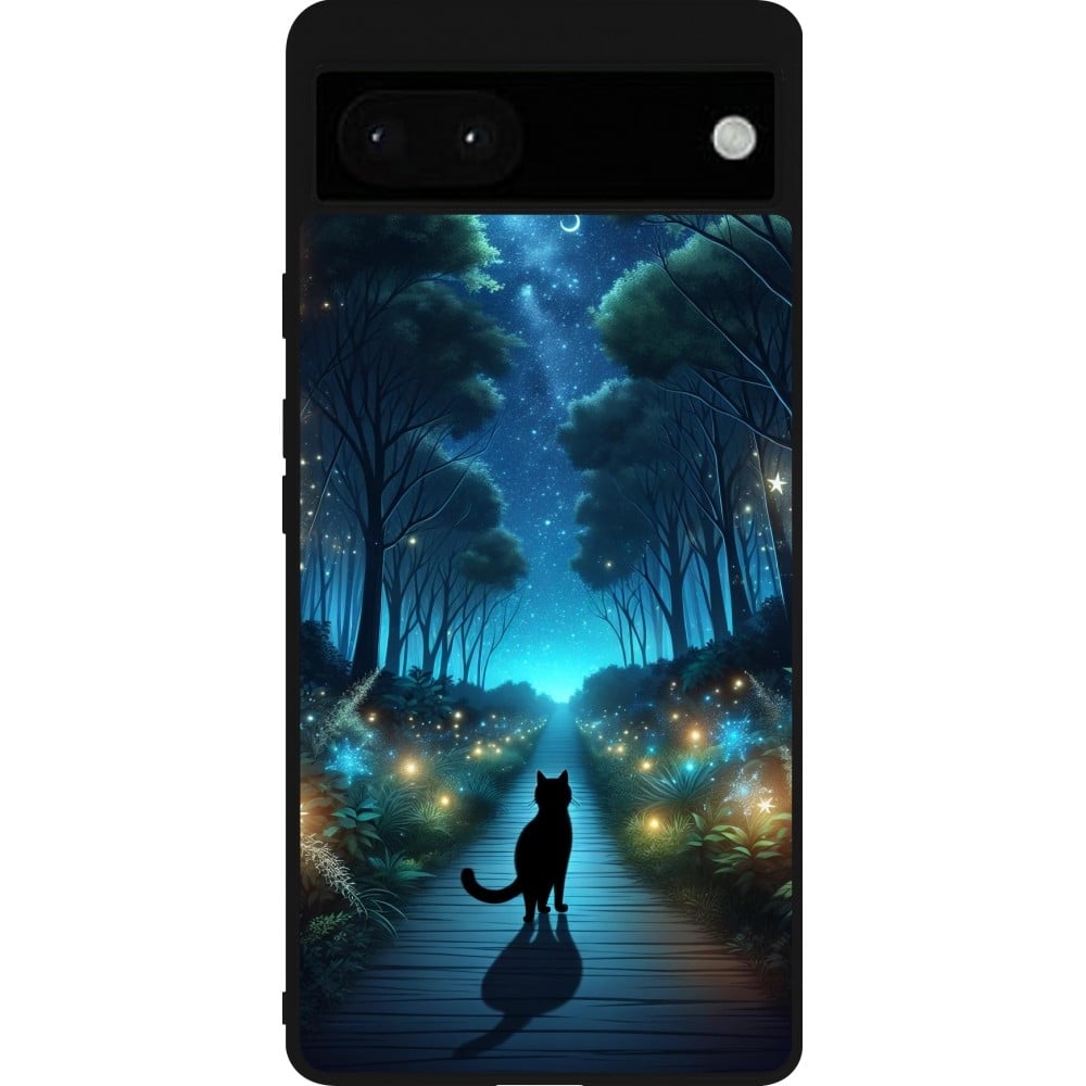 Coque Google Pixel 6a - Silicone rigide noir Chat noir promenade