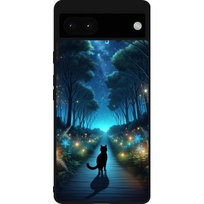 Coque Google Pixel 6a - Silicone rigide noir Chat noir promenade