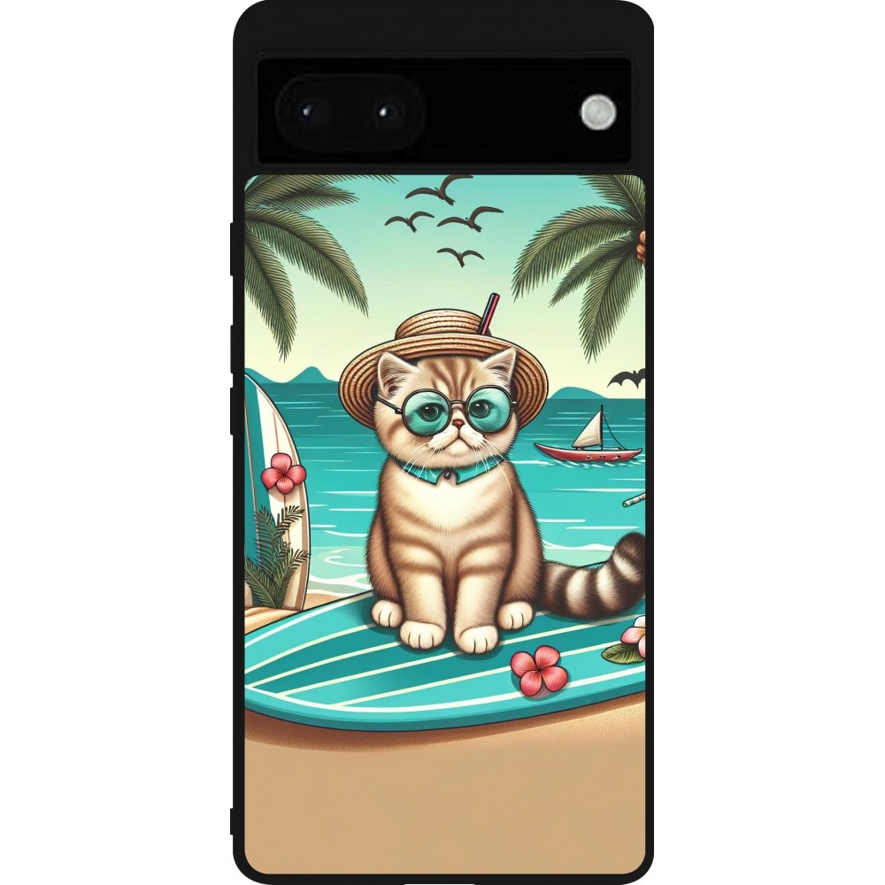 Coque Google Pixel 6a - Silicone rigide noir Chat Surf Style