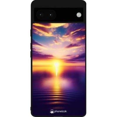 Coque Google Pixel 6a - Silicone rigide noir Coucher soleil jaune violet