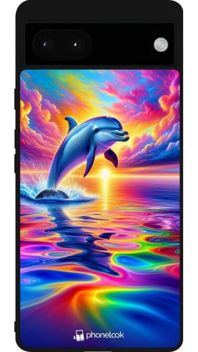 Coque Google Pixel 6a - Silicone rigide noir Dauphin arc-en-ciel heureux