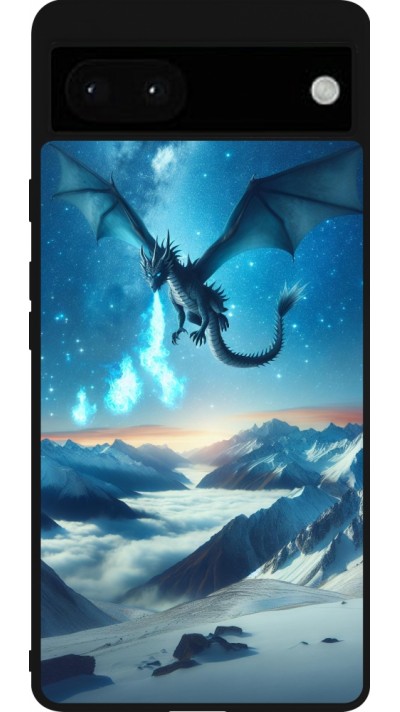 Coque Google Pixel 6a - Silicone rigide noir Dragon nocturne montagne