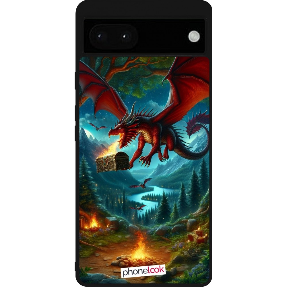 Coque Google Pixel 6a - Silicone rigide noir Dragon Volant Forêt Trésor