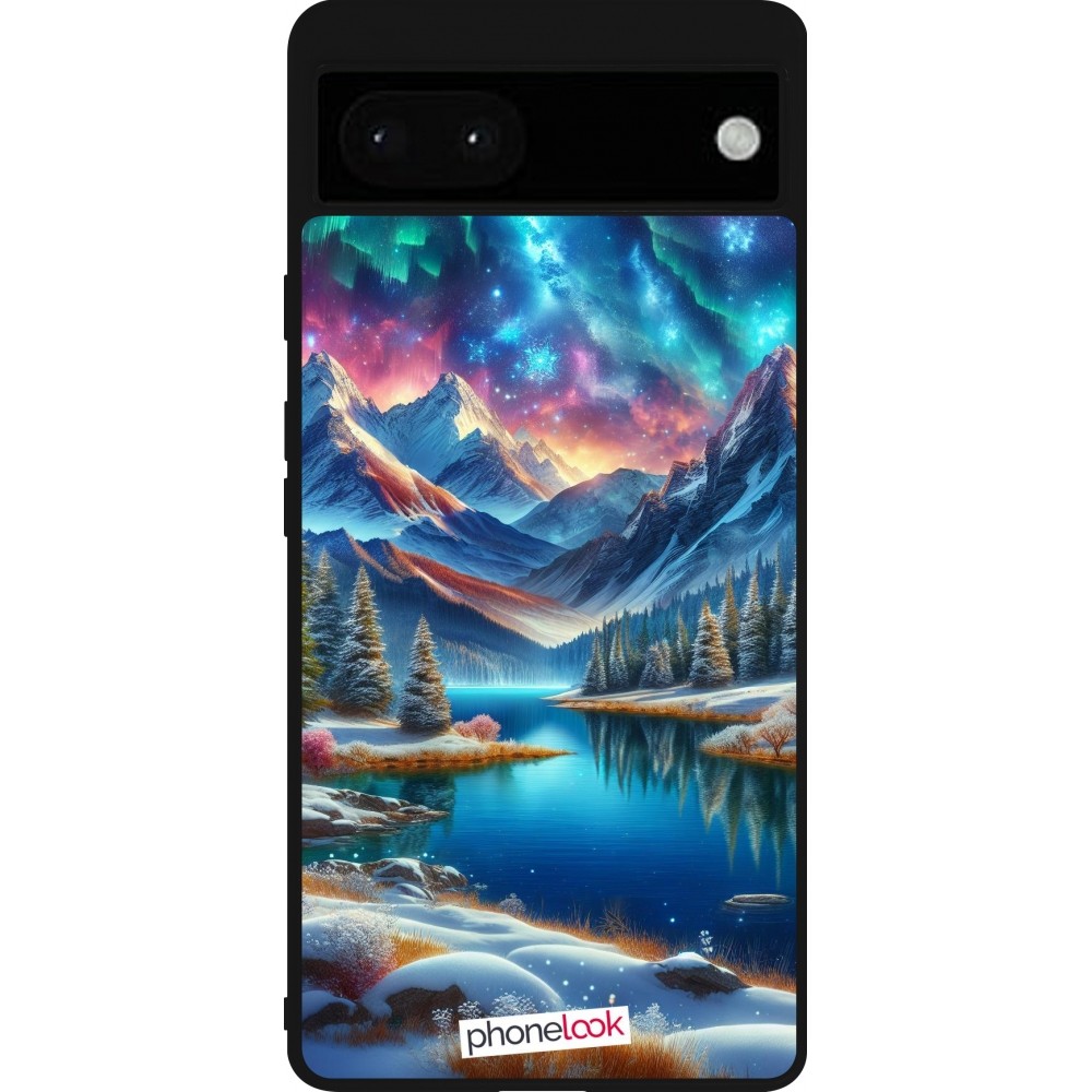 Coque Google Pixel 6a - Silicone rigide noir Fantasy Mountain Lake Sky Stars