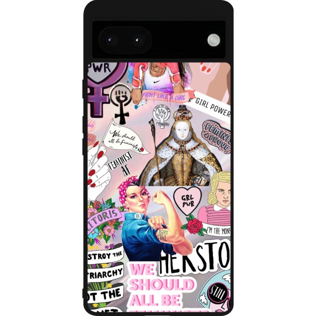 Coque Google Pixel 6a Silicone Rigide Noir Girl Power Collage