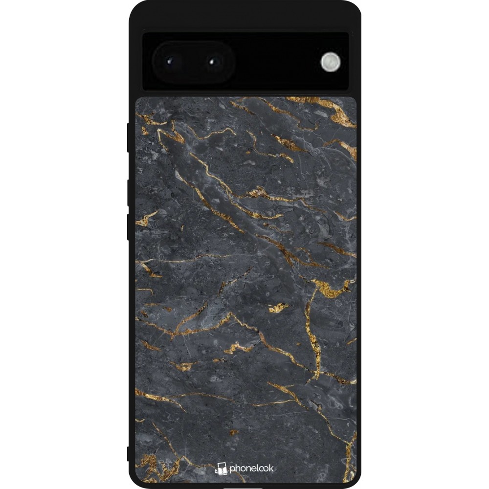 Coque Google Pixel 6a - Silicone rigide noir Grey Gold Marble