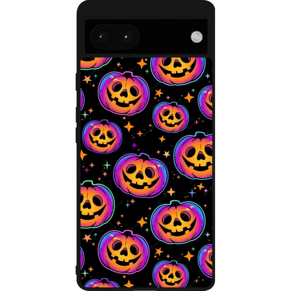 Coque Google Pixel 6a - Silicone rigide noir Halloween 2024 rainbow pumpkins