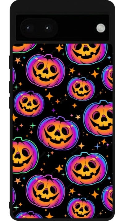 Coque Google Pixel 6a - Silicone rigide noir Halloween 2024 rainbow pumpkins