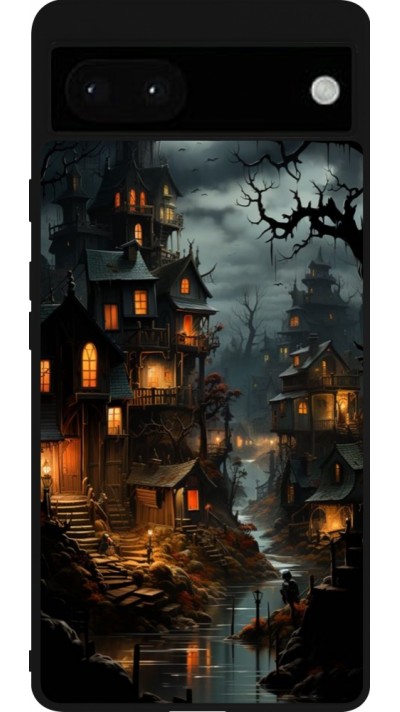 Coque Google Pixel 6a - Silicone rigide noir Halloween 2024 scary town