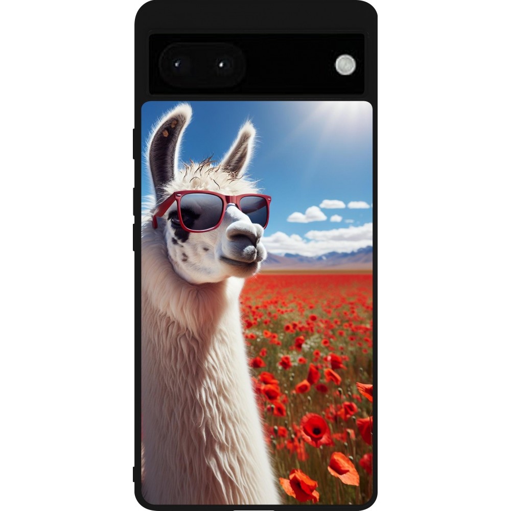 Coque Google Pixel 6a - Silicone rigide noir Lama Chic en Coquelicot