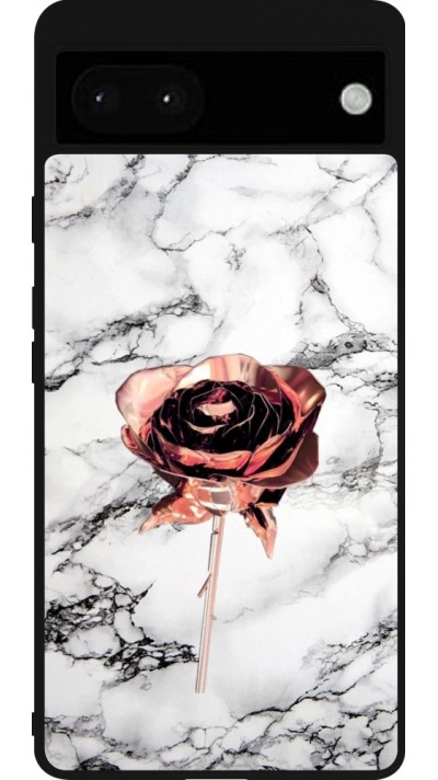 Coque Google Pixel 6a - Silicone rigide noir Marble Rose Gold