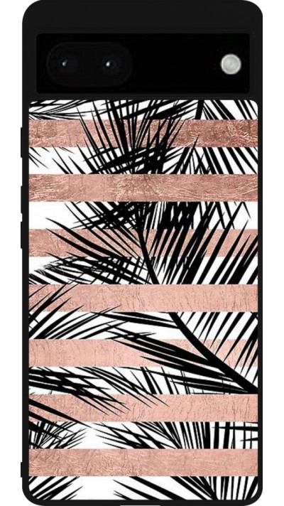 Coque Google Pixel 6a - Silicone rigide noir Palm trees gold stripes