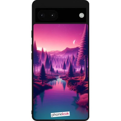 Coque Google Pixel 6a - Silicone rigide noir Paysage Violet-Rose