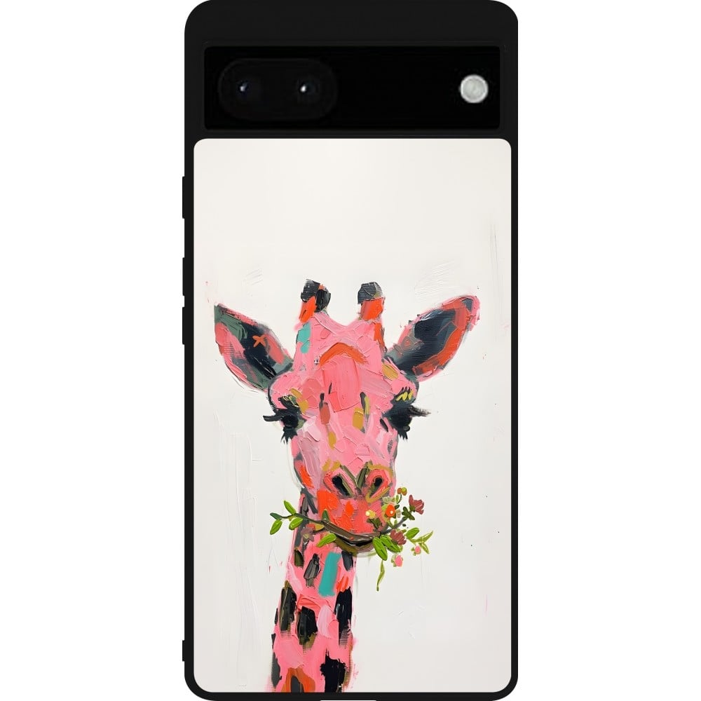 Coque Google Pixel 6a - Silicone rigide noir Pink Girafe Paint