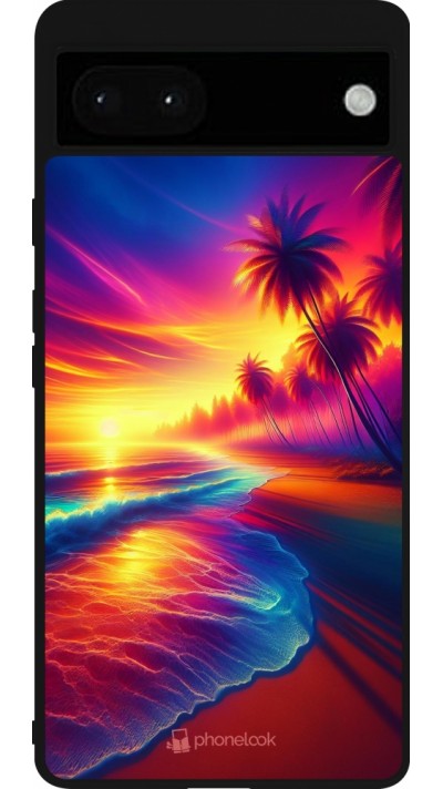 Coque Google Pixel 6a - Silicone rigide noir Plage coucher soleil flashy