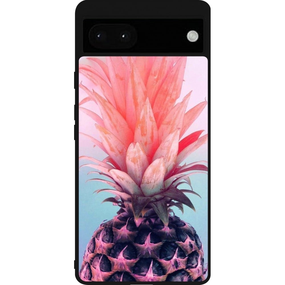 Coque Google Pixel 6a - Silicone rigide noir Purple Pink Pineapple