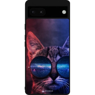 Coque Google Pixel 6a - Silicone rigide noir Red Blue Cat Glasses