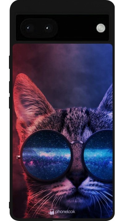 Coque Google Pixel 6a - Silicone rigide noir Red Blue Cat Glasses