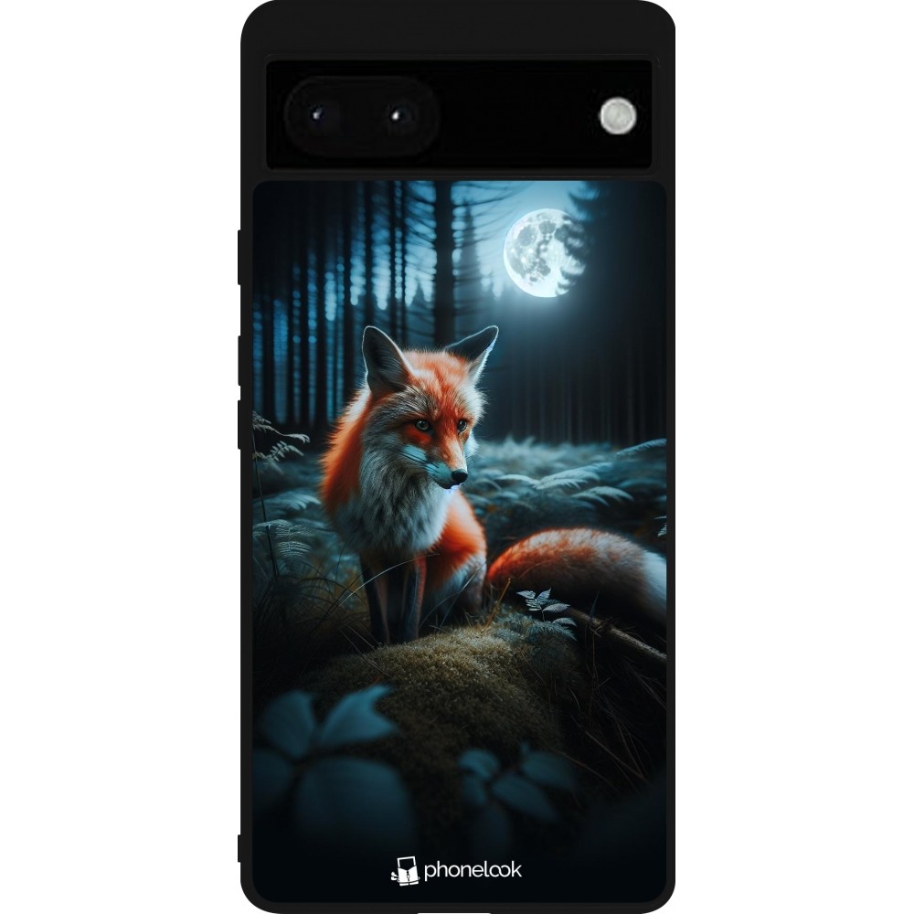 Coque Google Pixel 6a - Silicone rigide noir Renard lune forêt