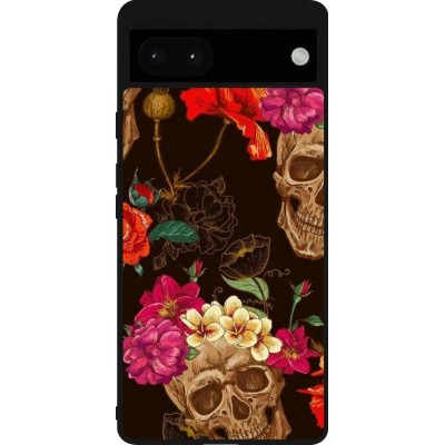 Coque Google Pixel 6a - Silicone rigide noir Skulls and flowers