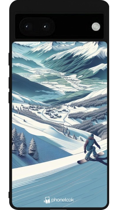 Coque Google Pixel 6a - Silicone rigide noir Snowboarder Montagne