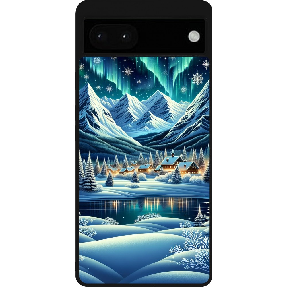 Coque Google Pixel 6a - Silicone rigide noir Snowy Mountain Village Lake night