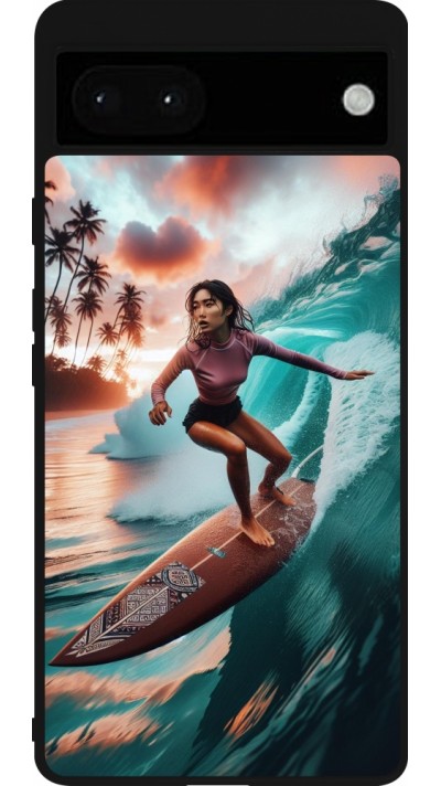 Coque Google Pixel 6a - Silicone rigide noir Surfeuse Balinaise