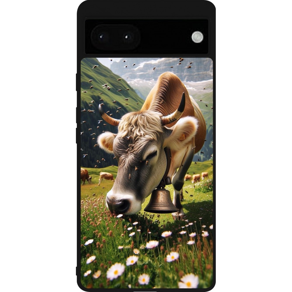 Coque Google Pixel 6a - Silicone rigide noir Vache montagne Valais